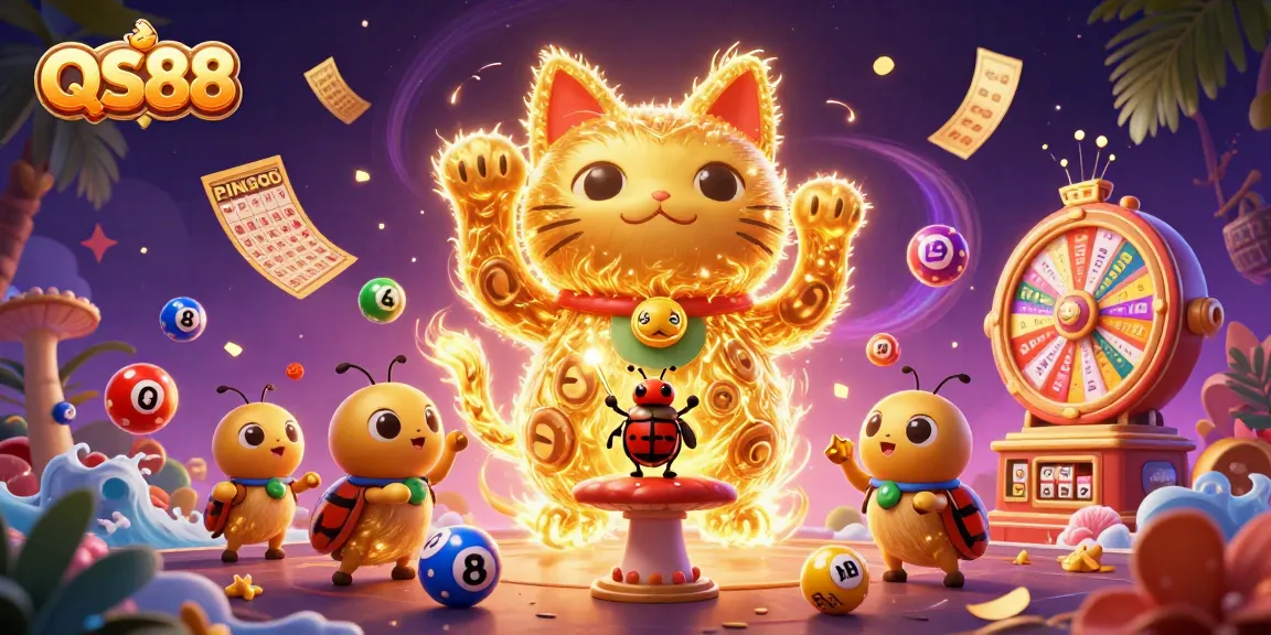 Experience excitement at QS88 with a giant lucky cat and vibrant gaming elements celebrating online casino wins.
