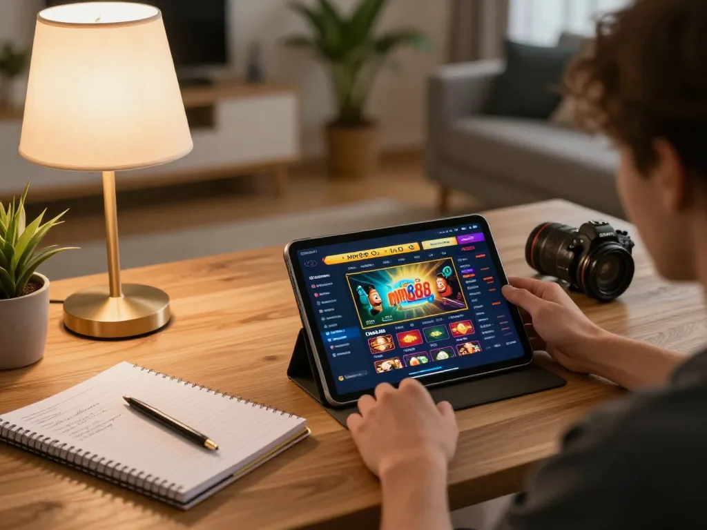 Player engaging with mm88.blog casino app on tablet in a cozy home setting
