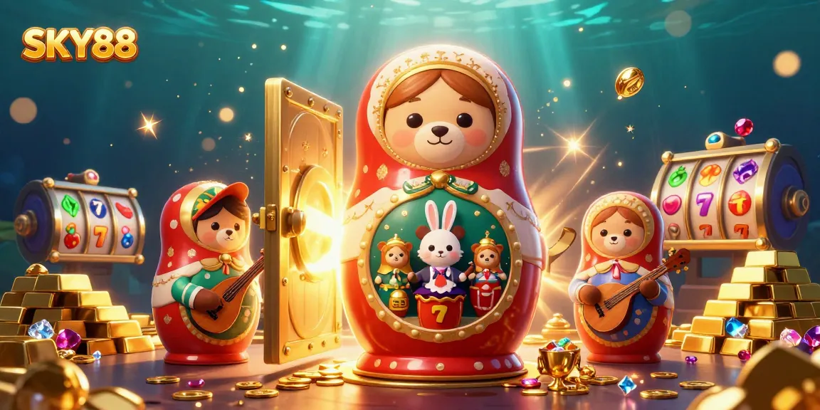 Engage with the thrilling SKY88 slots in this captivating casino illustration scene.