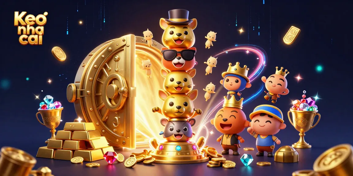 Bet on Keo nha cai while enjoying 3D cartoon riches, a treasure vault, and glamorous casino elements.