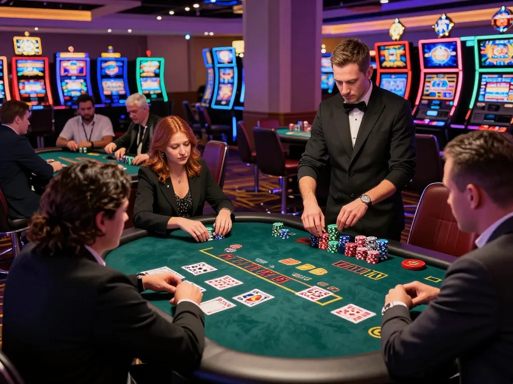 A vibrant casino scene with players engaging in a blackjack game at 7M tables, showcasing action and strategy.