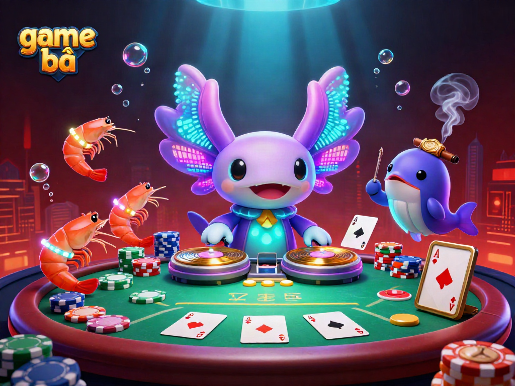 Engaging game bài scene featuring a colorful axolotl DJ and vibrant poker elements.