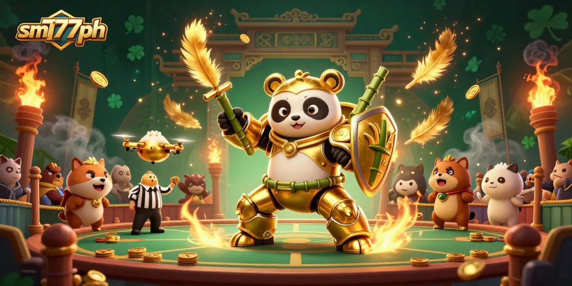 Experience the thrill with sm777ph as a golden panda battles in a vibrant casino arena.