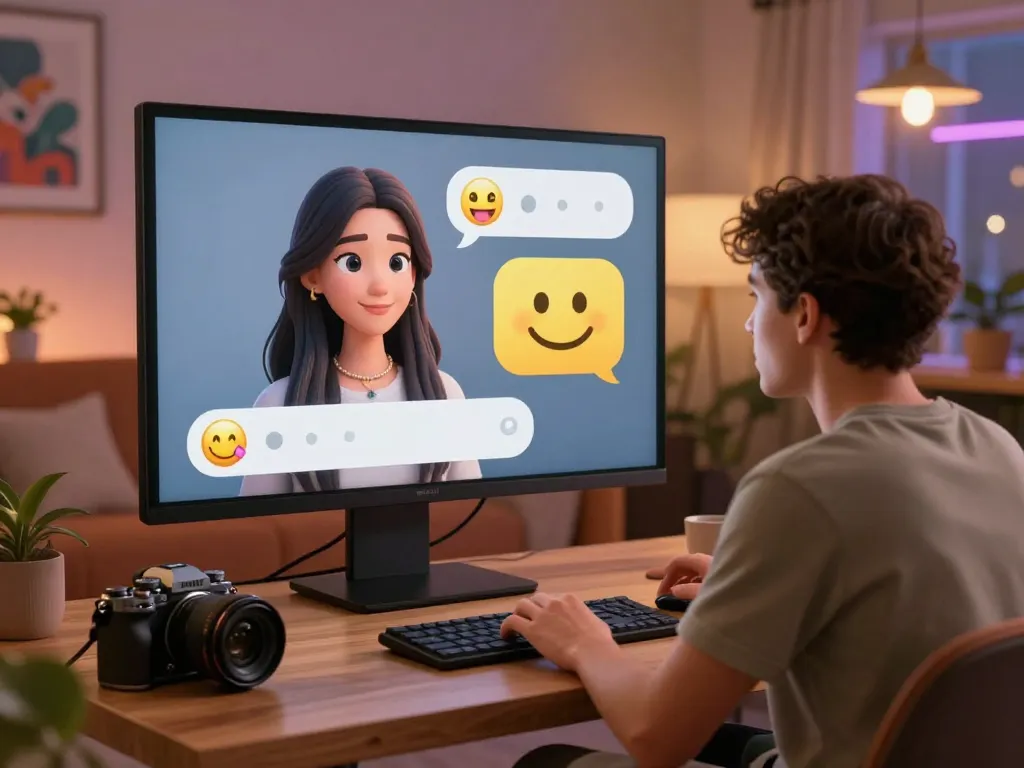 Engaging 18+ AI chat scene showcasing playful interaction in a cozy virtual lounge.