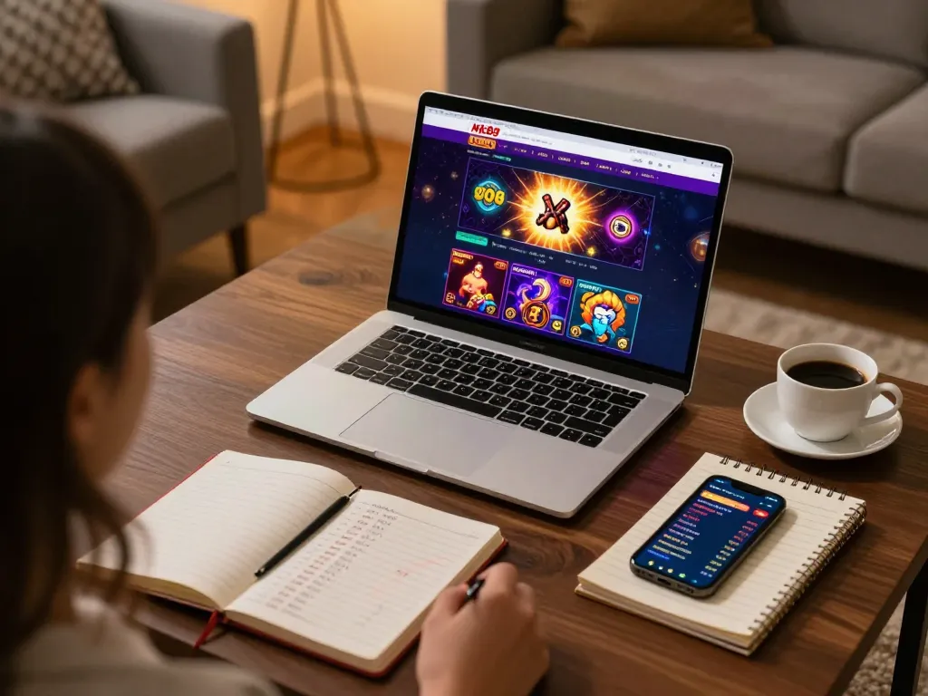 Nk88 online casino setup with vibrant game graphics, strategic betting materials, and cozy atmosphere.