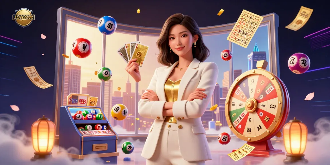 Strategi permainan LIGA2000 yang diwakili oleh seorang wanita glamor dalam suasana kasino, berinteraksi dengan elemen lotere yang cerah.