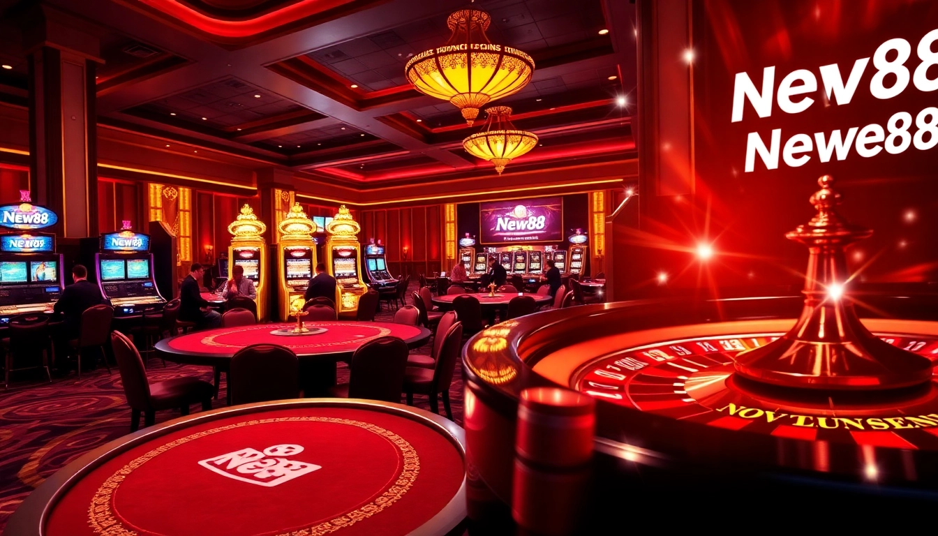 Experience New88's thrilling casino atmosphere with engaged players at poker tables.