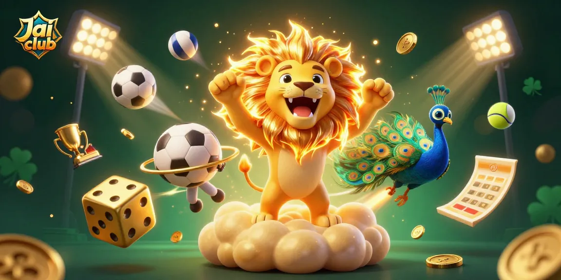 Roll with Jai club's vibrant gaming elements featuring a roaring sun lion, dice, and dynamic sports balls.