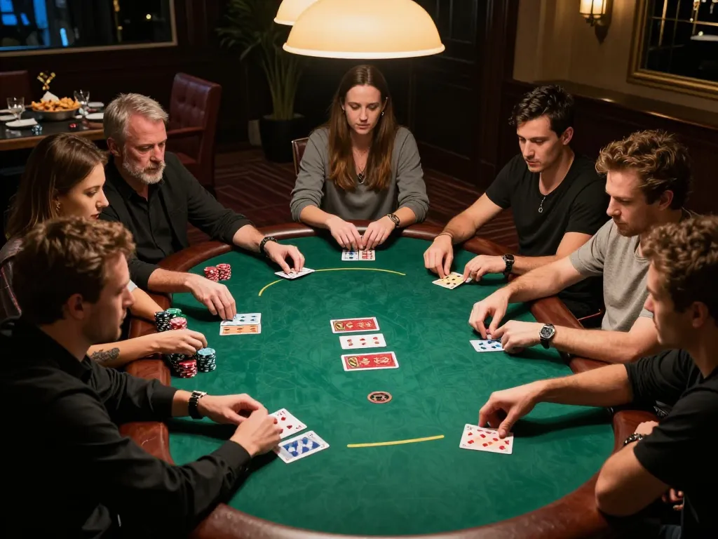 Players strategizing during an intense game at a god55 casino poker table, chips in focus.