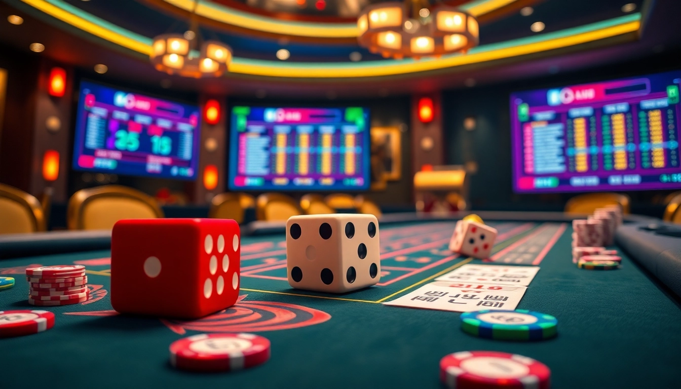 Experience the thrill of tai xiu online with an exciting casino game session featuring vibrant dice and betting slips.