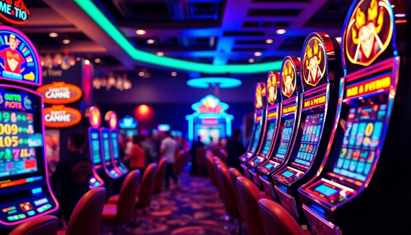 Slot Game permainan menarik di dalam kasino dengan mesin slot berwarna-warni dan penonton yang ramai.