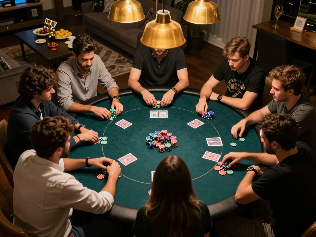 Players engaged in a high-stakes game at okwin poker night, surrounded by colorful chips and drinks.