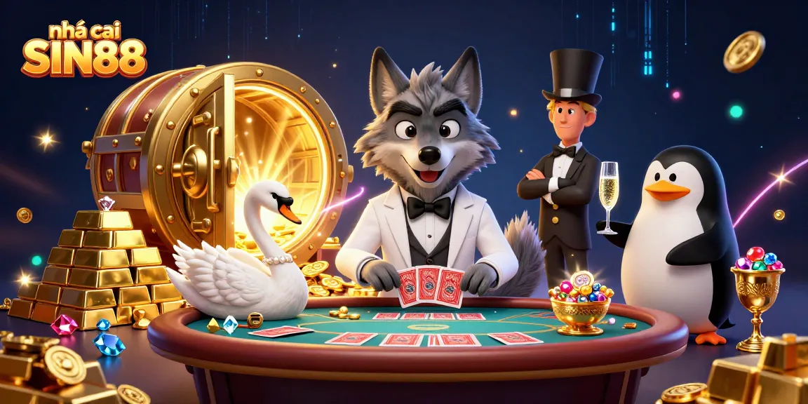Engage with nhà cái SIN88 in a vibrant casino scene featuring a wolf, swan, and penguin.