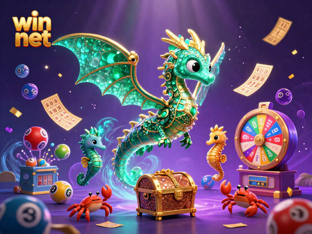 Experience the excitement of win net with a vibrant lottery scene featuring colorful bouncing balls and treasure elements.