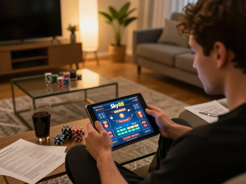 Sky88 player engaged in an online game, surrounded by gambling strategy notes and a drink.