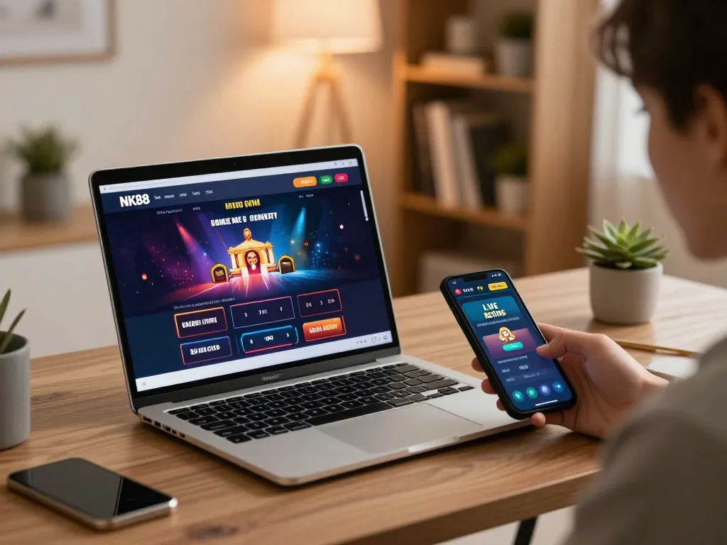 Experience NK88 online casino gaming setup with live betting on smartphone and laptop.