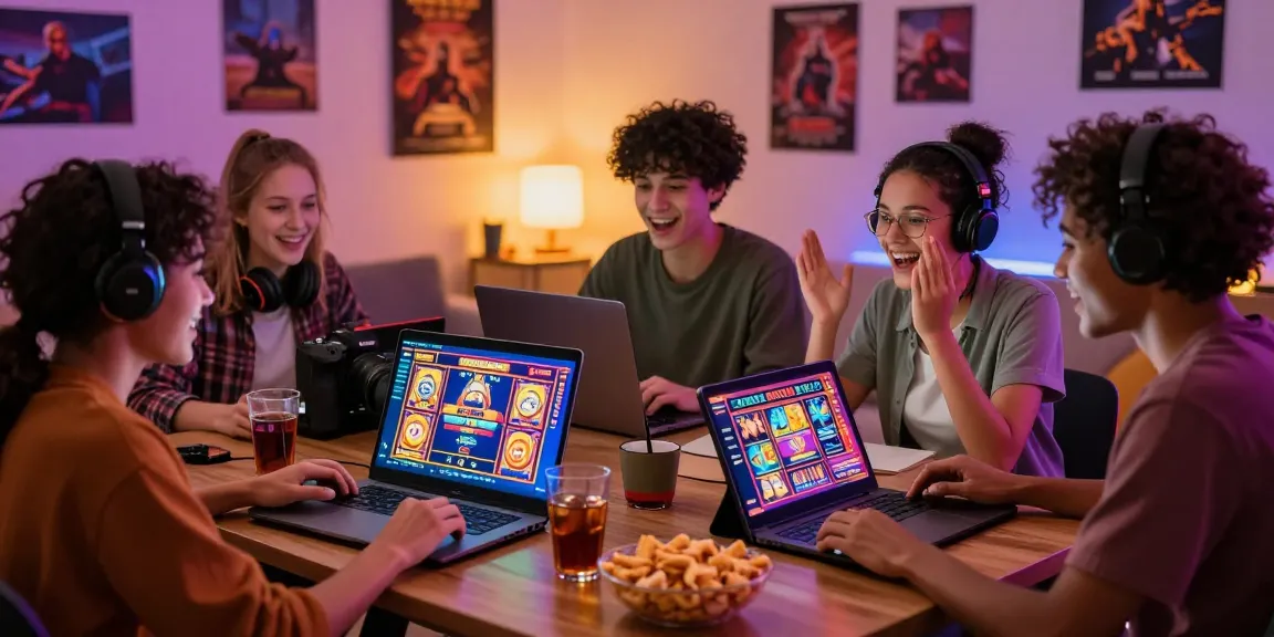 Friends enjoying gaming on new online slot sites during a cozy game night.