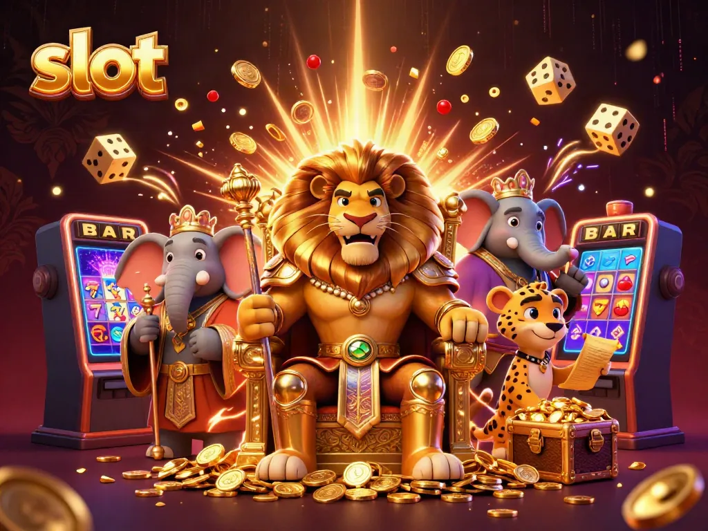 Spin the slot reels with the lion king as jackpot action unfolds in a vibrant casino.