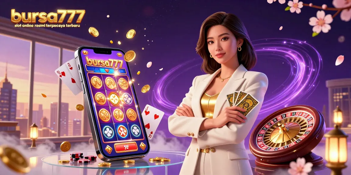 bursa777 slot online resmi terpercaya terbaru showcases a glamorous woman with poker cards and vibrant slot game elements in a captivating casino scene.