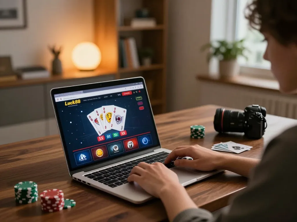 Engaged player strategizing on Luck88 online casino during evening gaming session