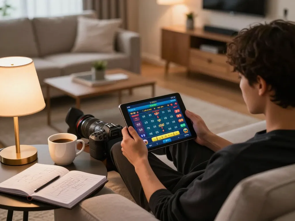 Lô đề online gaming setup with a person engaged on a tablet, cozy atmosphere, and strategic betting notes visible.