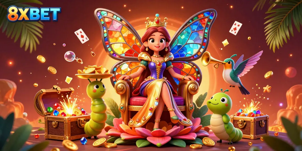 Experience vibrant gaming playfulness as 8XBET illustrates a magical casino scene with captivating characters.