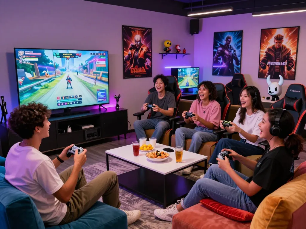 Group enjoying an interactive adult game in a fun lounge environment.