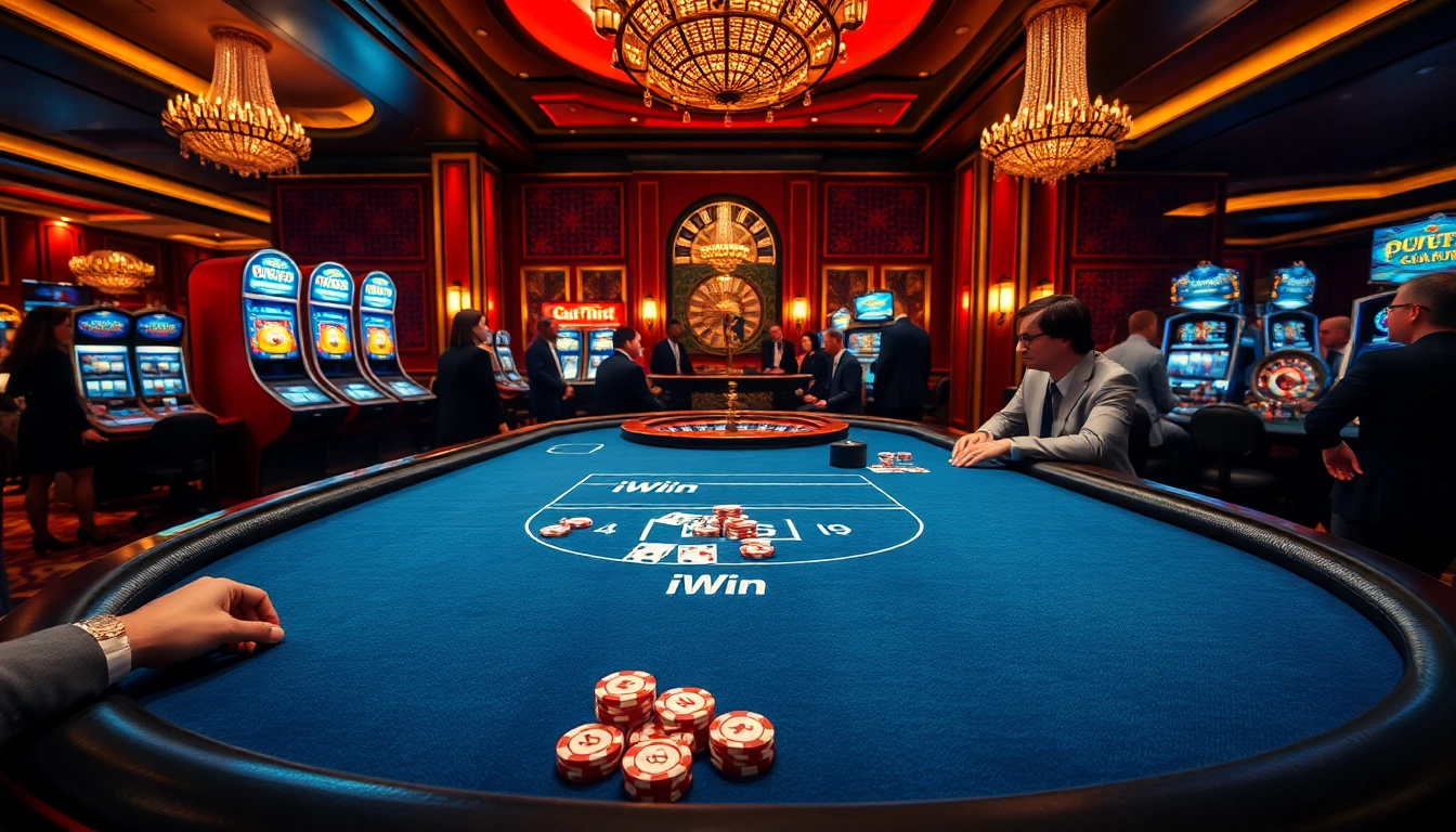 Exciting iWin online casino scene with poker table, chips, and slot machines