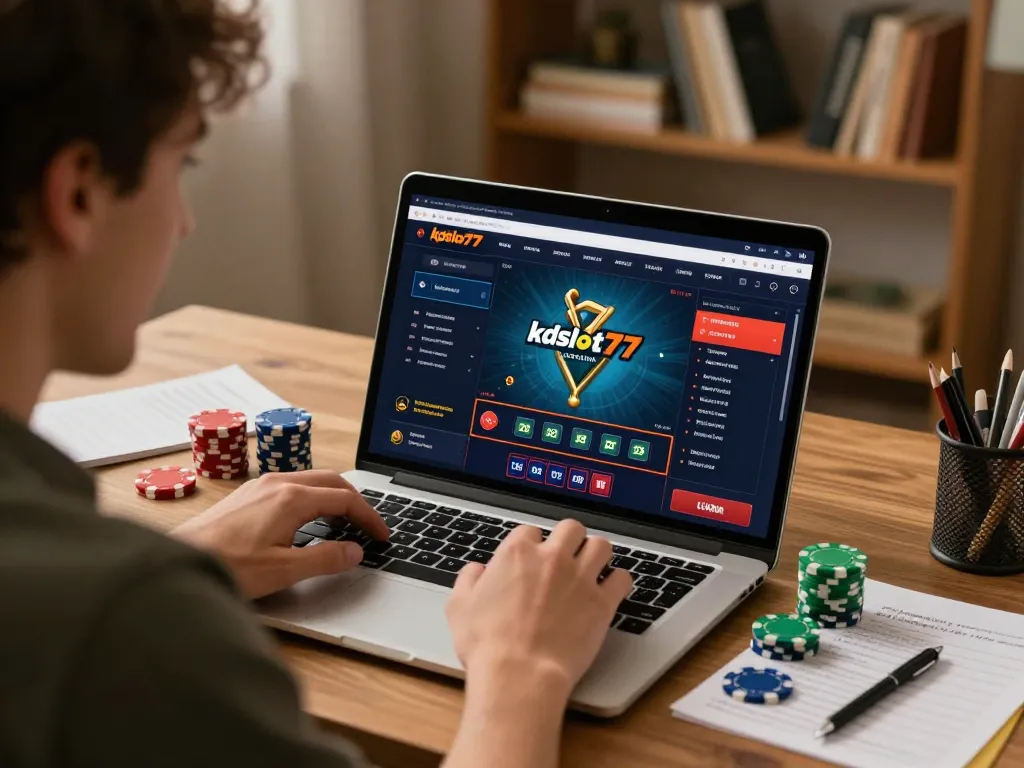 Engaging moment of online gameplay with kdslot77 highlighted on the laptop screen, showcasing strategic gambling.