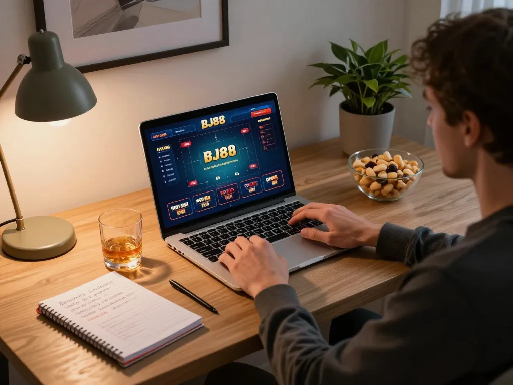 Player engaging with BJ88 online casino on a laptop while analyzing betting strategies.