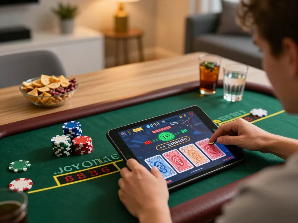 Vào LUCK8 online blackjack experience, player engaging with live dealer on tablet at home