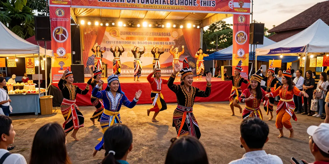 Menampilkan keluaran HK selama festival budaya dengan penari berpakaian tradisional dan keramaian yang meriah.