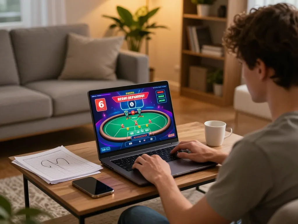Engaging in online casino gameplay on 789club with vibrant poker table displayed on laptop screen