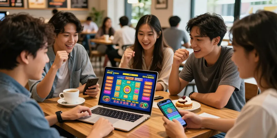 Excited friends enjoying TOGEL ONLINE gaming at a coffee shop with laptops and smartphones.