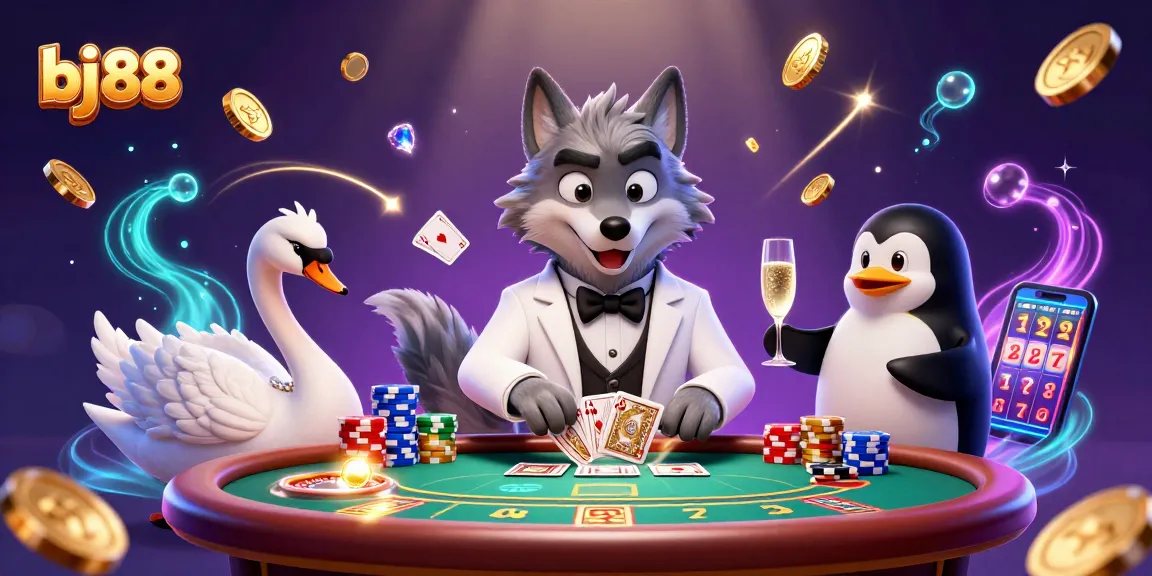 Experience the thrill of bj 88 with a lively casino scene of a wolf, swan, and penguin among animated betting action.