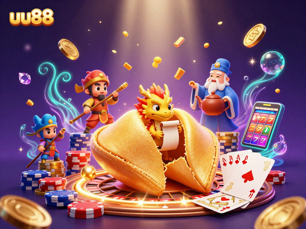 uu88 casino illustration with fortune cookie, dragon, and golden elements representing fortune and luck