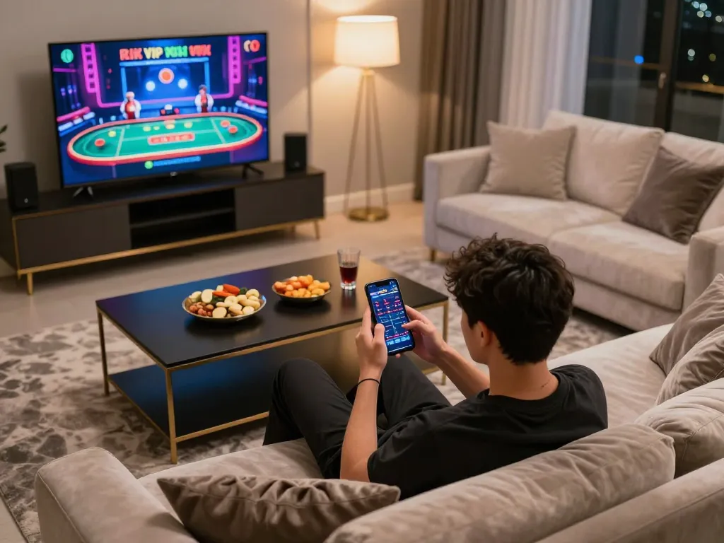 Engaging with the Rik vip mobile casino app on a stylish sofa, enjoying a cozy gaming experience.