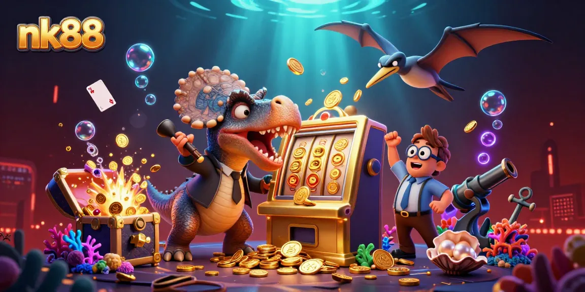 Experience the thrill of nk88 as cartoon dinosaurs interact in a vibrant, action-packed casino scene.