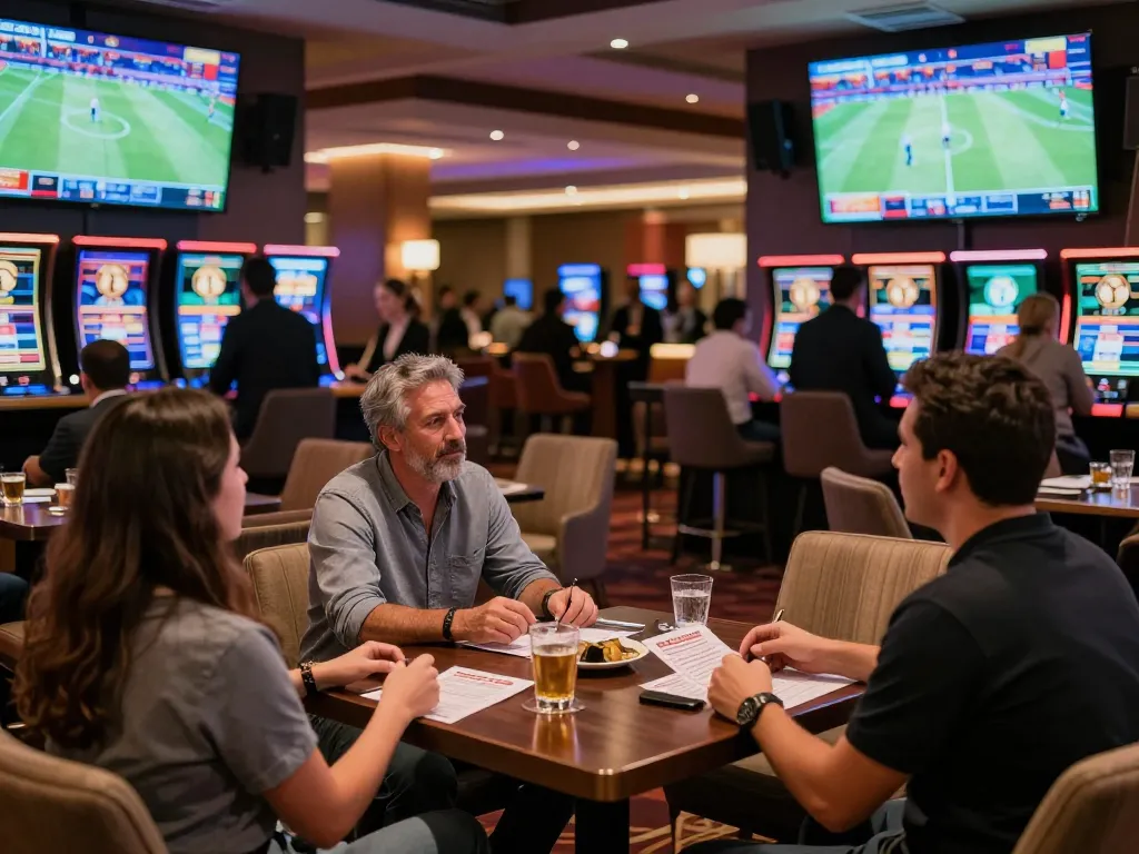 Join the excitement of sports betting at https://tg88.cash/ as patrons analyze odds in a vibrant casino lounge.