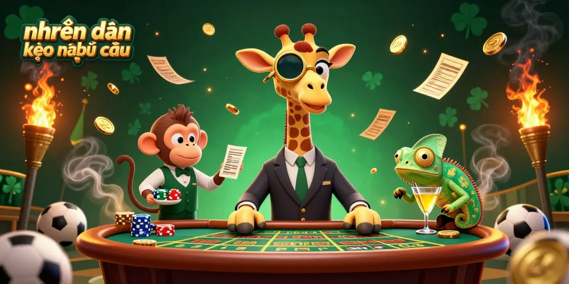 Engage with nhận định kèo nhà cái at a lively sports betting scene featuring a giraffe, monkey, and chameleon.