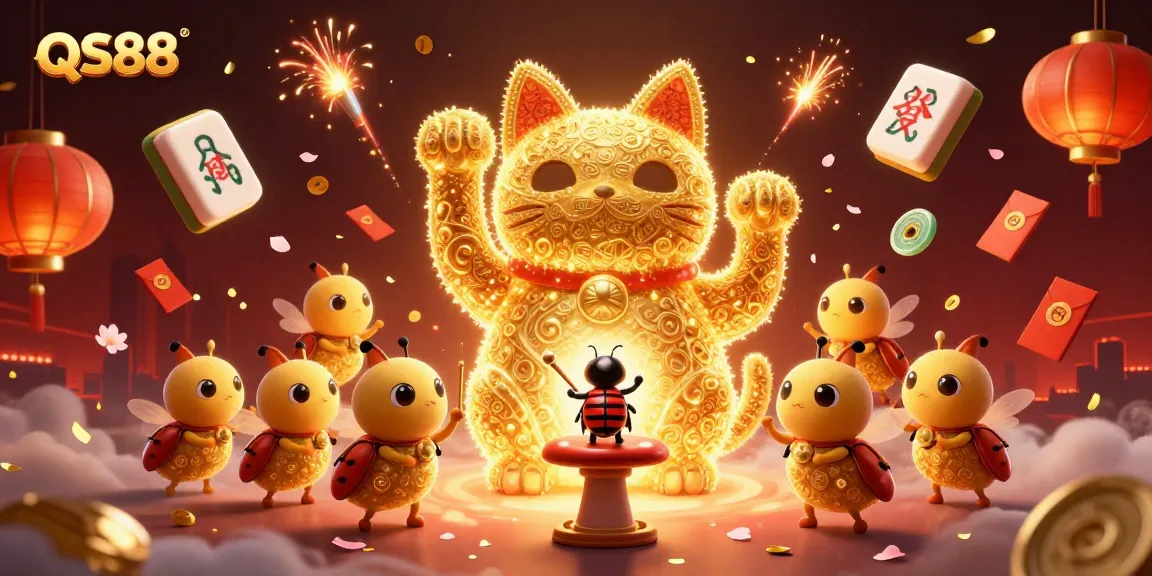 Bet on QS88 with excitement amidst golden casino symbols and vibrant decorations.