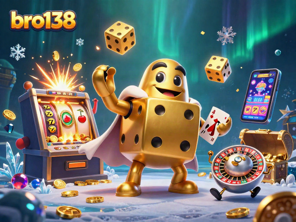 Play thrilling slots with bro138 featuring a dynamic 3D casino scene filled with jackpots and vibrant symbols.