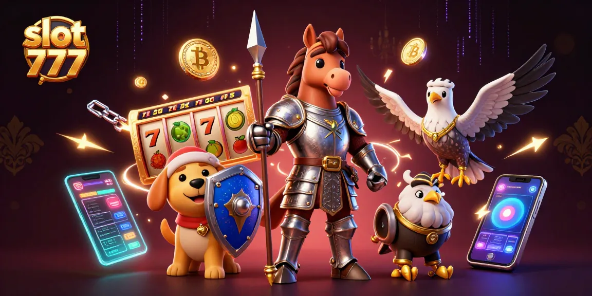Win big with slot 777 as medieval knight and puppy compete in a vibrant casino scene.