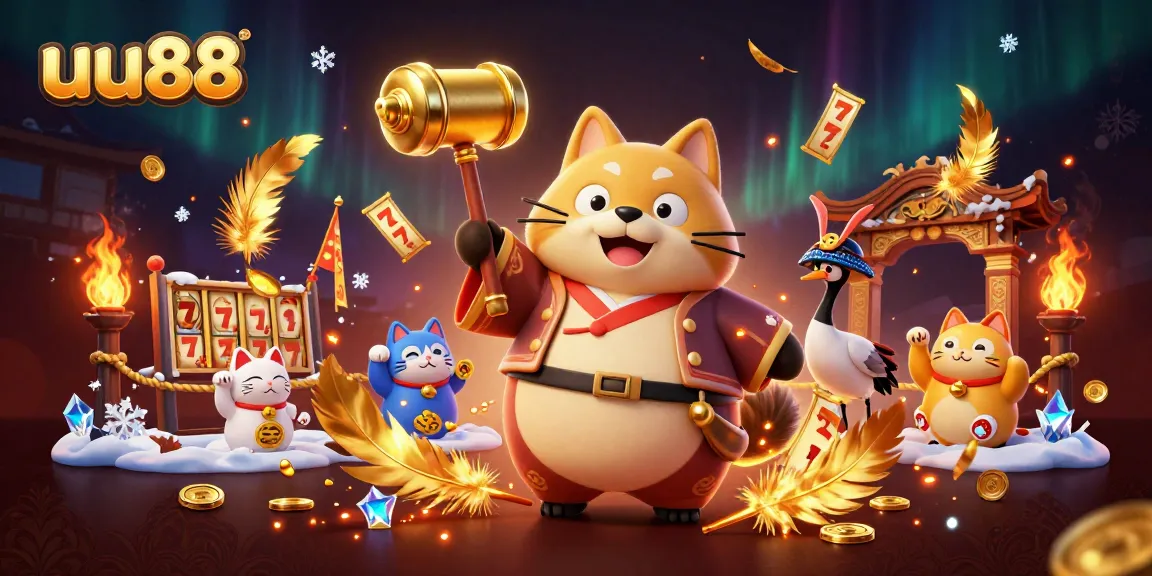 Experience the excitement of uu88 with a cheerful tanuki in a vibrant casino scene.