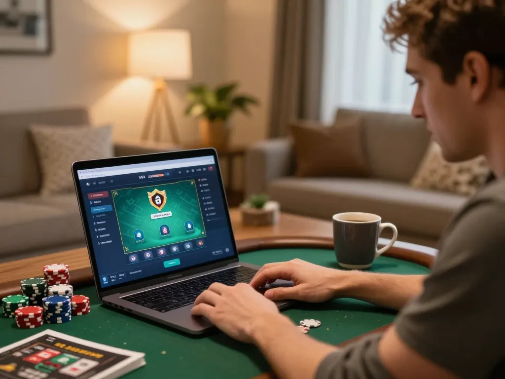 Player engages with ytr88 poker game interface at home, showcasing strategic gameplay in a cozy environment.
