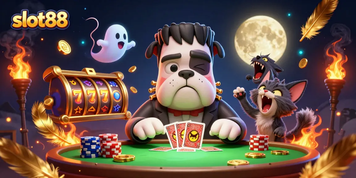 Permainan slot88 dihadirkan oleh monster bulldog Frankenstein yang bersenang-senang dengan simbol keberuntungan.