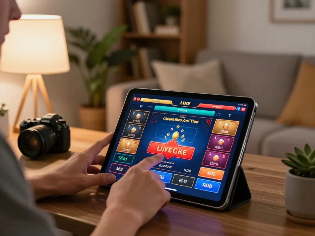 Person enjoying live dealer games on ph365.cx tablet, cozy home setting with warm lighting.