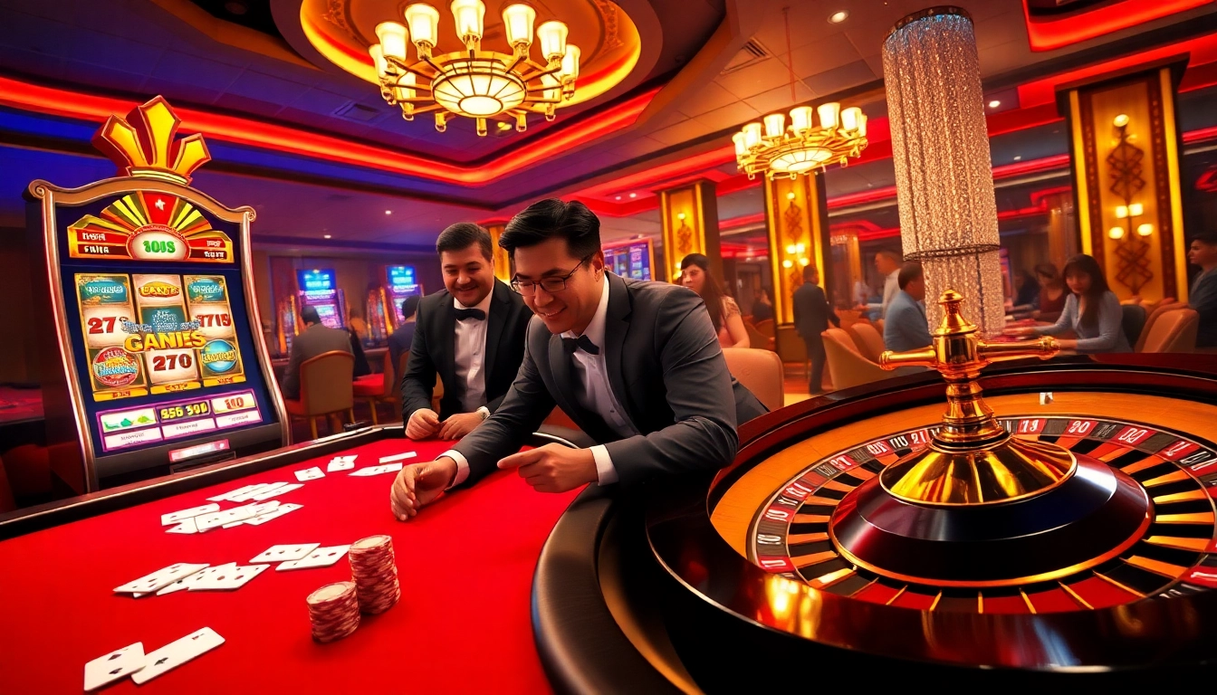 Players enjoying high-stakes gaming at TG777 with poker chips, cards, and slot machines.