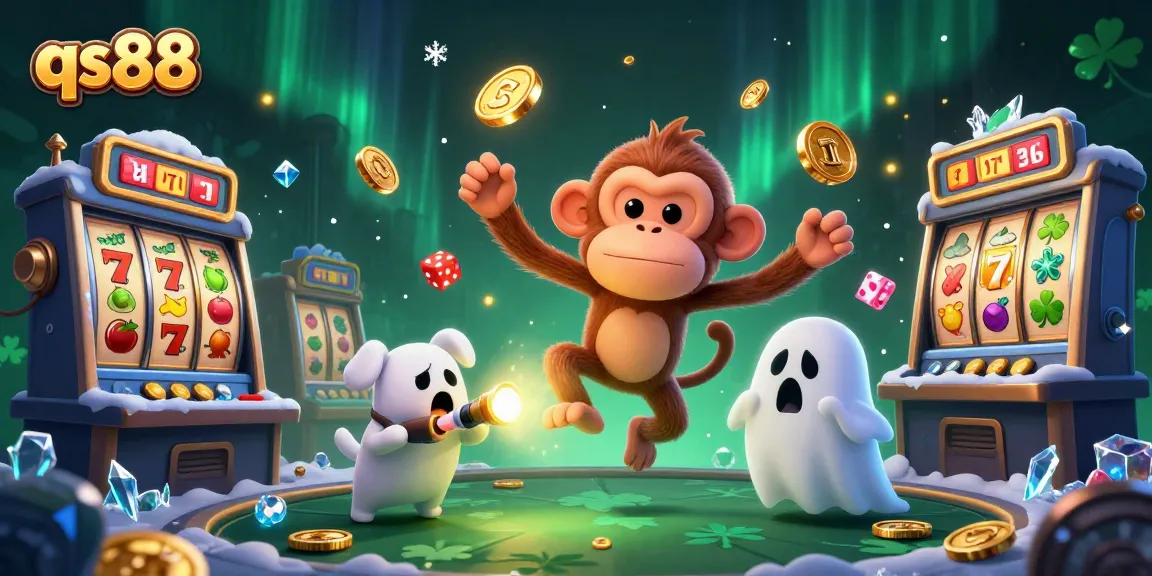Experience the thrill of qs88 with a ghost-hunter puppy tracking a mischievous monkey juggling golden casino treasures.
