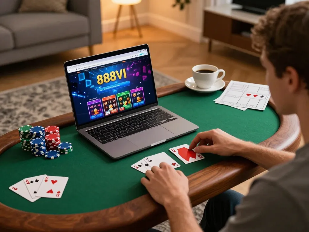 Engaged player exploring the 888VI Homepage for online gambling strategies and poker games.